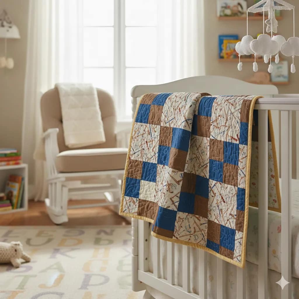 Baseball Games Baby Quilt in nursery with crib and rocking chair