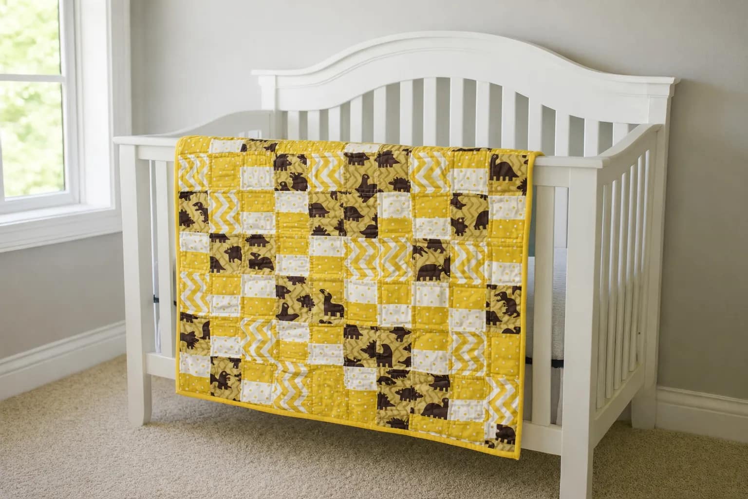 golden dinosaurs baby quilt on crib