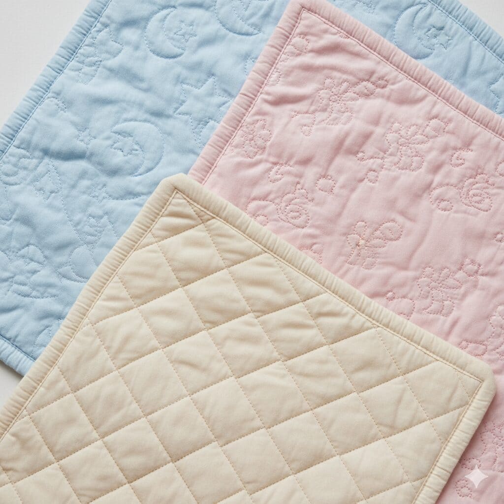 Pverlapping baby quilts in pink, yellow and blue
