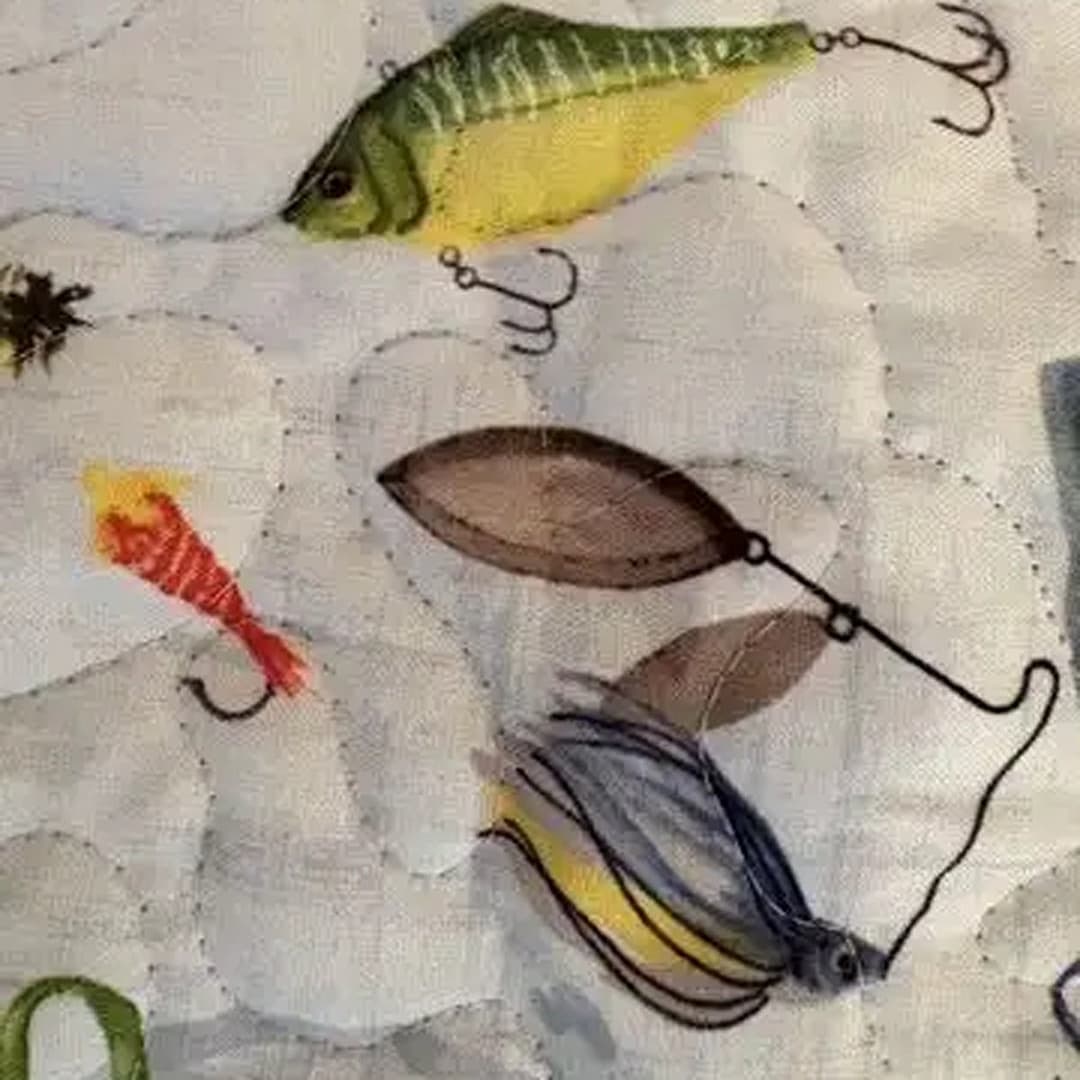 Gone Fishing Playmat detail of fishing lures