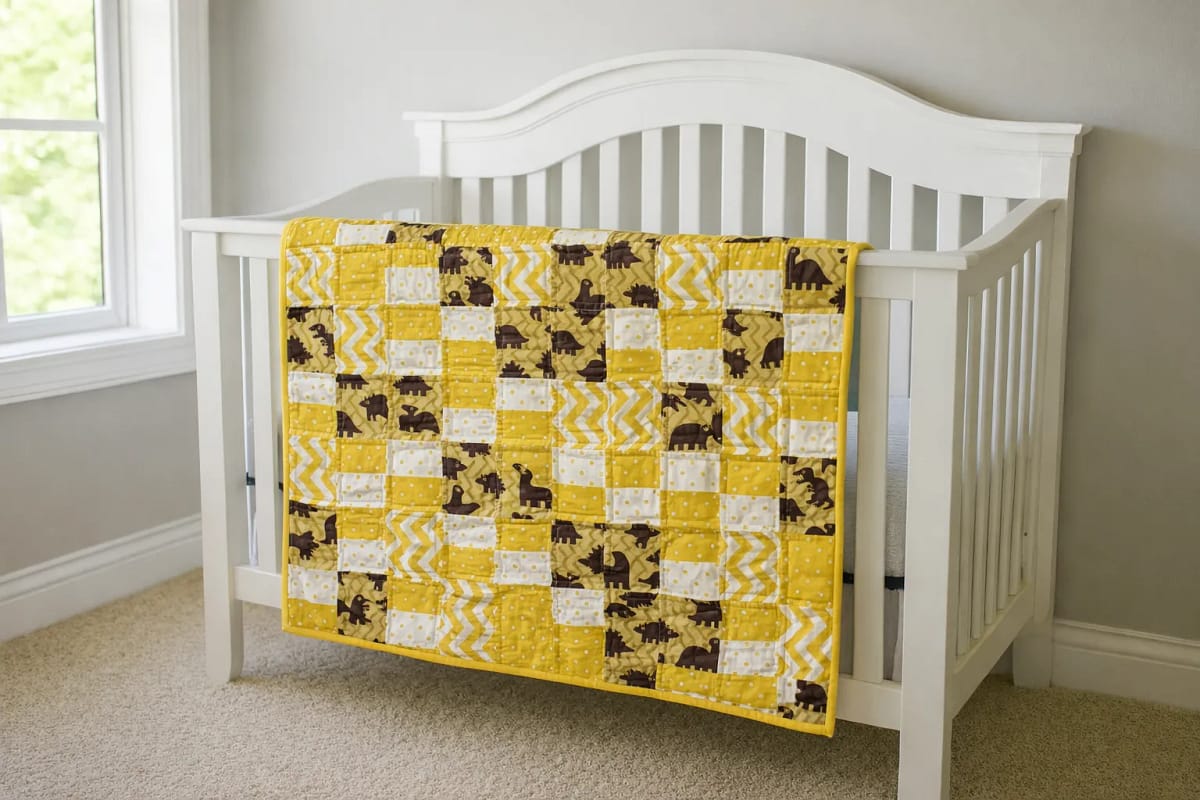 golden dinosaurs baby quilt on crib