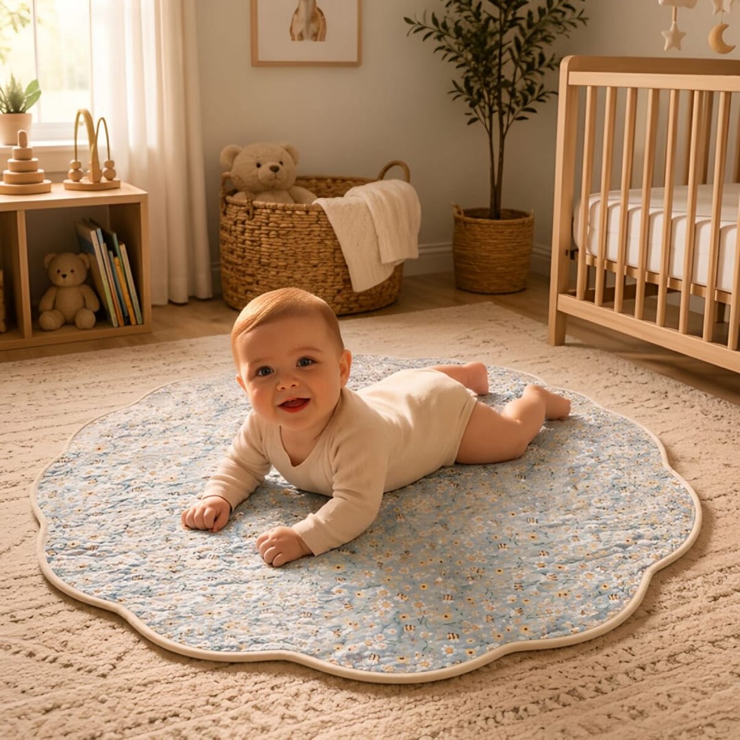 Baby in nursery on Bumblebee Pals Playmat