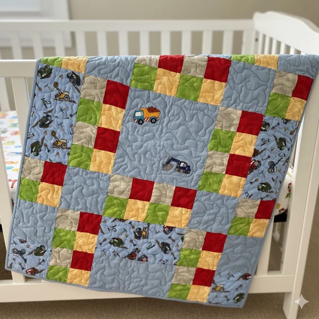 Construction Machines Baby Quilt on crib