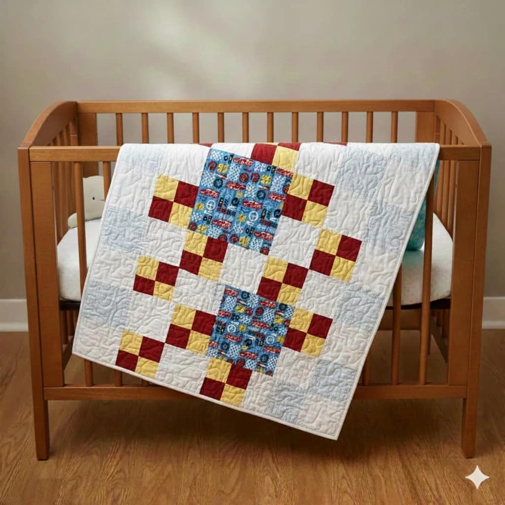 new grand prix baby quilt on brown crib