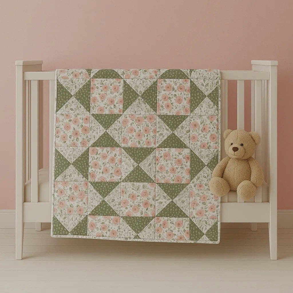 new rosebud baby quilt on crib