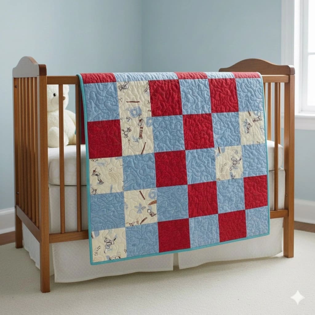Baseball Days Baby Quilt on brown crib
