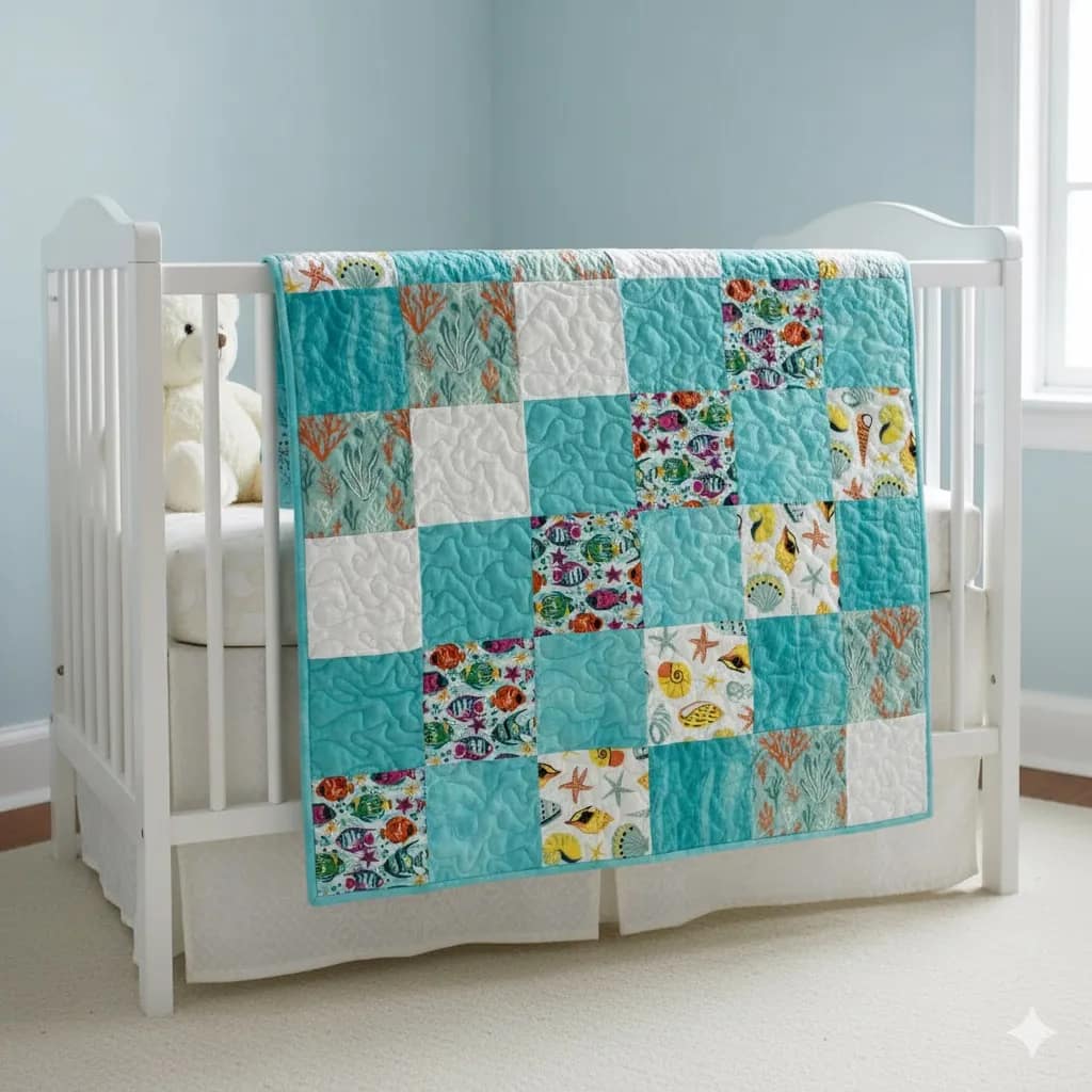 Fish Patchwork Baby Quilt on White Crib