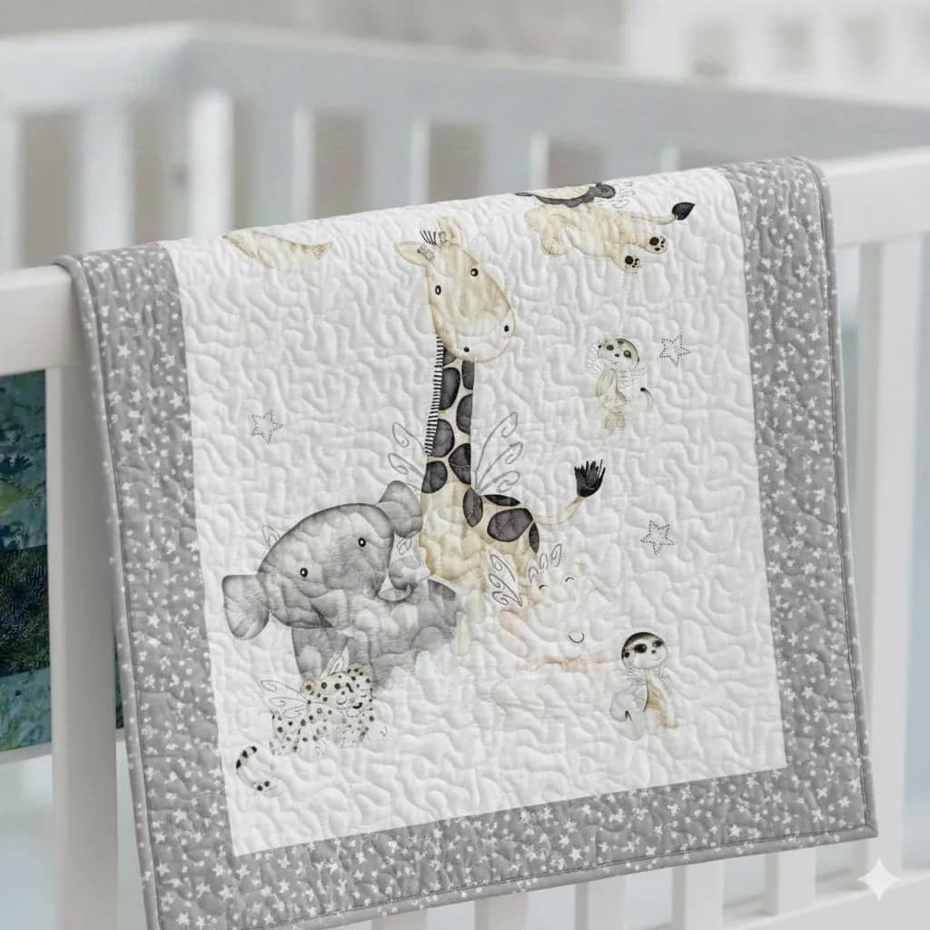 Dream Safari Baby Quilt on white crib