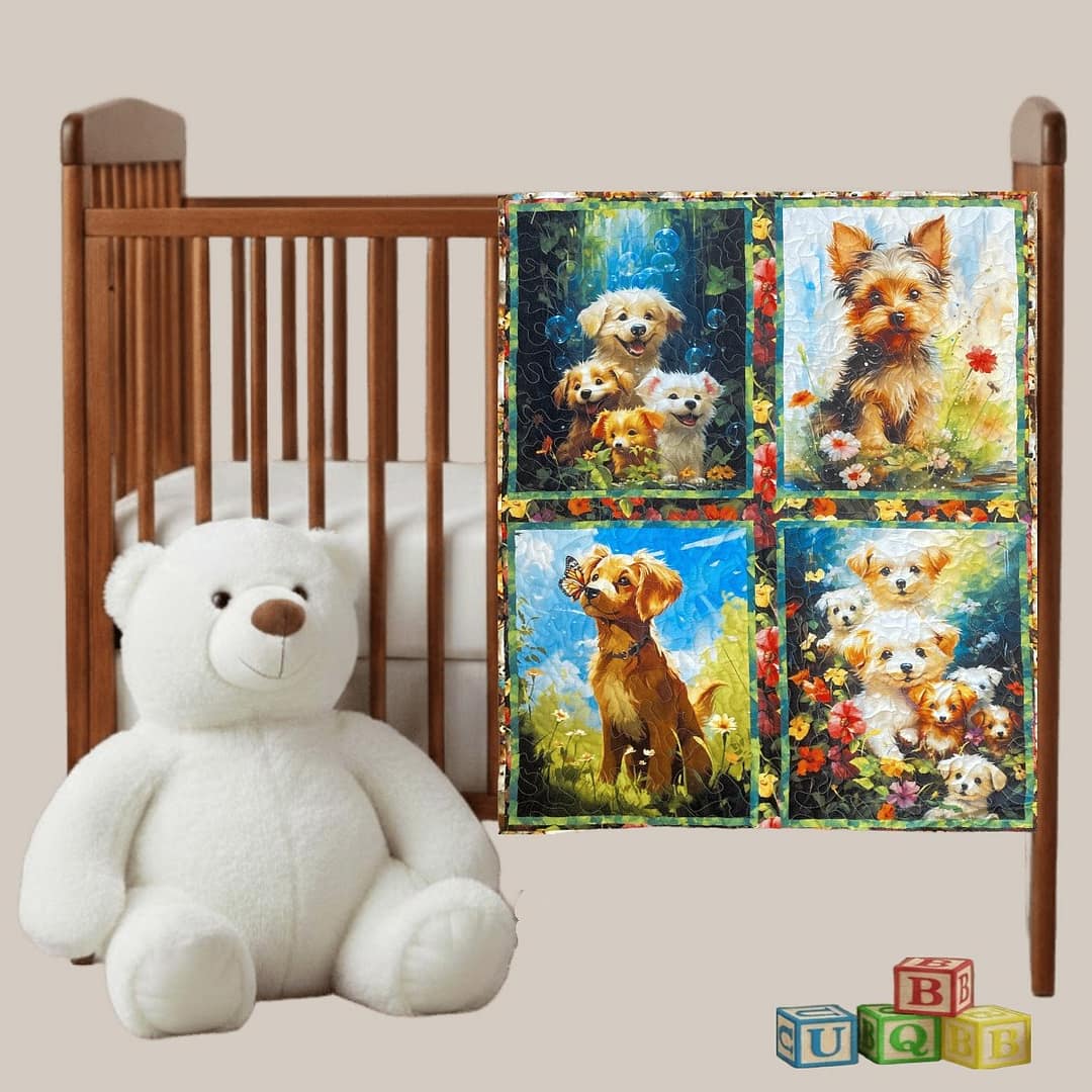 Adorable Puppies baby quilt on crib