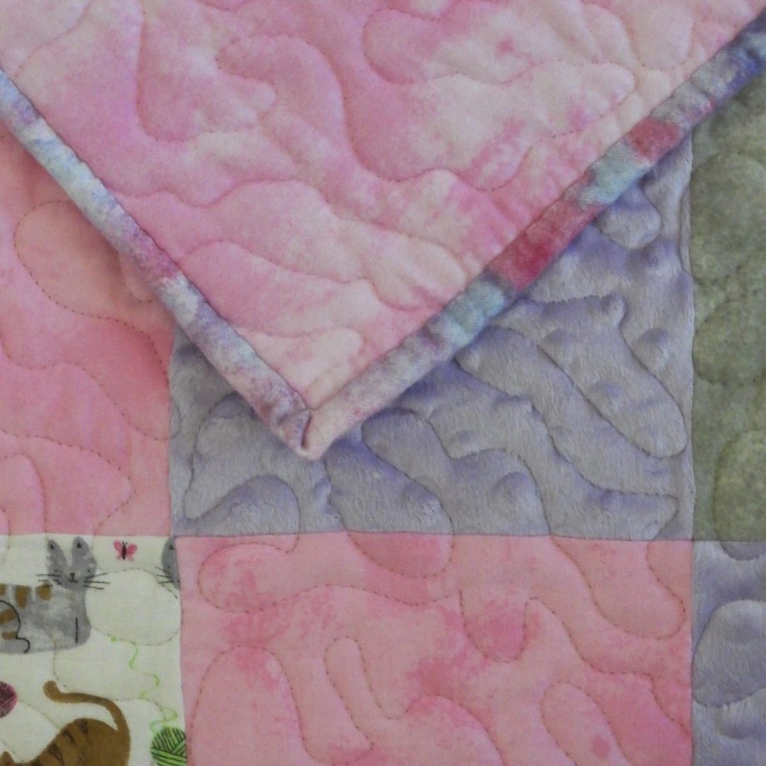 Kittens cuddles baby quilt detail with backing