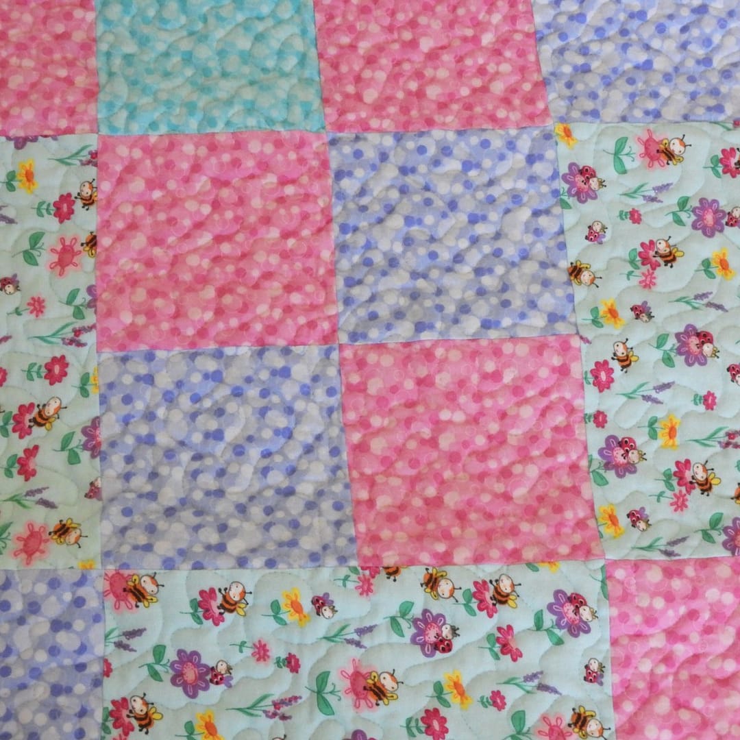 Bright Blooms Baby Quilt detail of purple squares