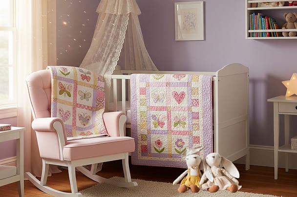 Baby Girl Room with pink quilt, chair, crib and bunnies