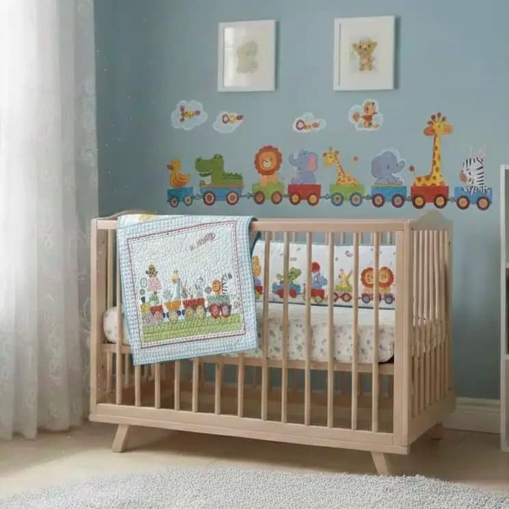Animal Train Baby Quilt on crib