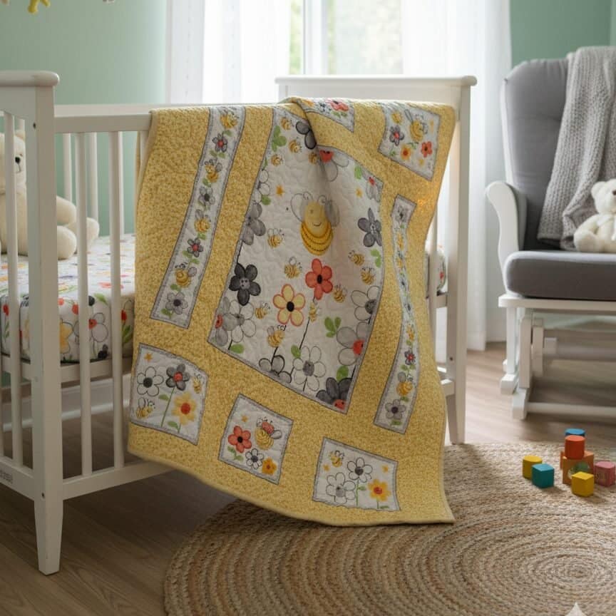 Buzzing Blooms Baby Quilt on Crib