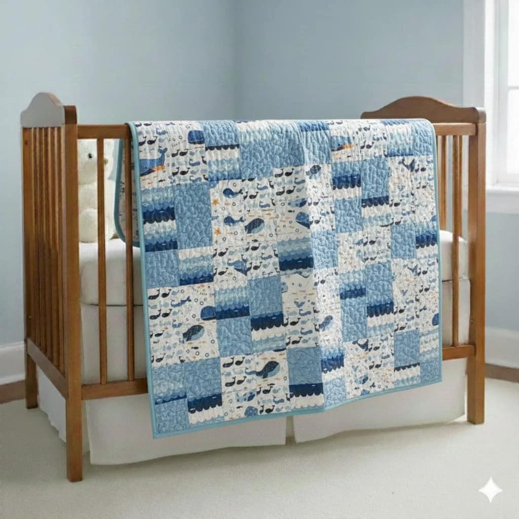 whale songs baby quilt on brown crib
