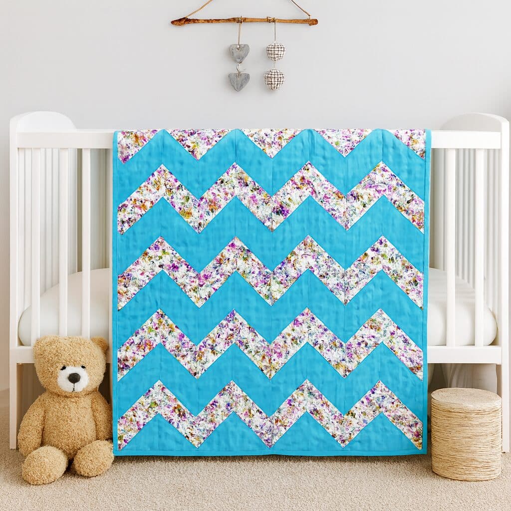 Baa Baa Baby Sheep Baby Quilt on white crib with teddy bear