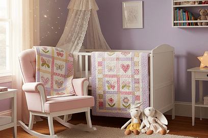 Baby Girl Room with pink quilt, chair, crib and bunnies