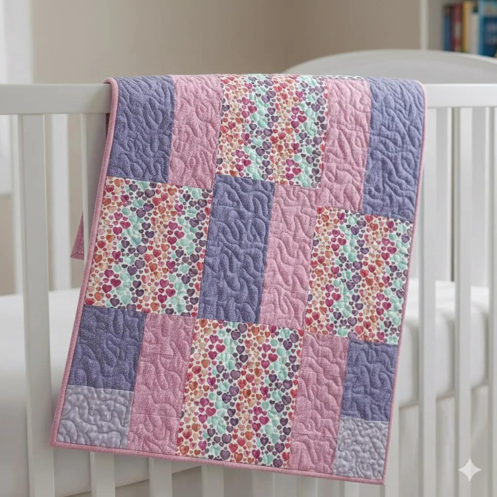 hearts and dots baby quilt on crib